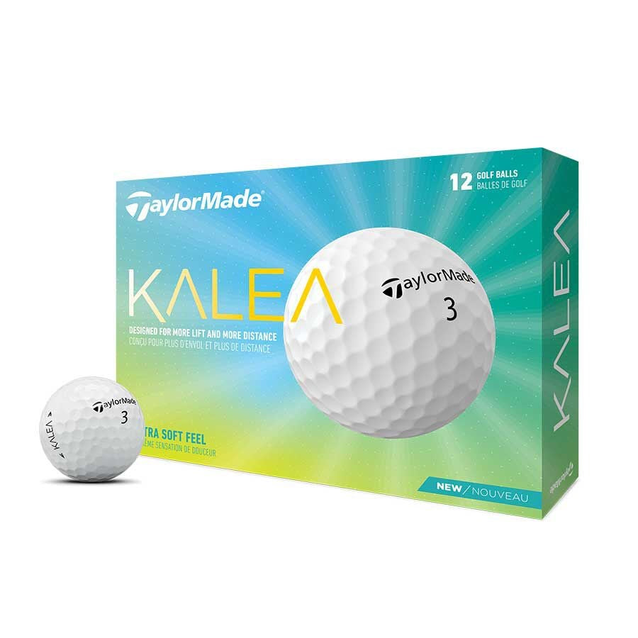 A box of TaylorMade Kalea golf balls, with one golf ball visible in front of the box. The packaging is predominantly blue and yellow with text and branding.